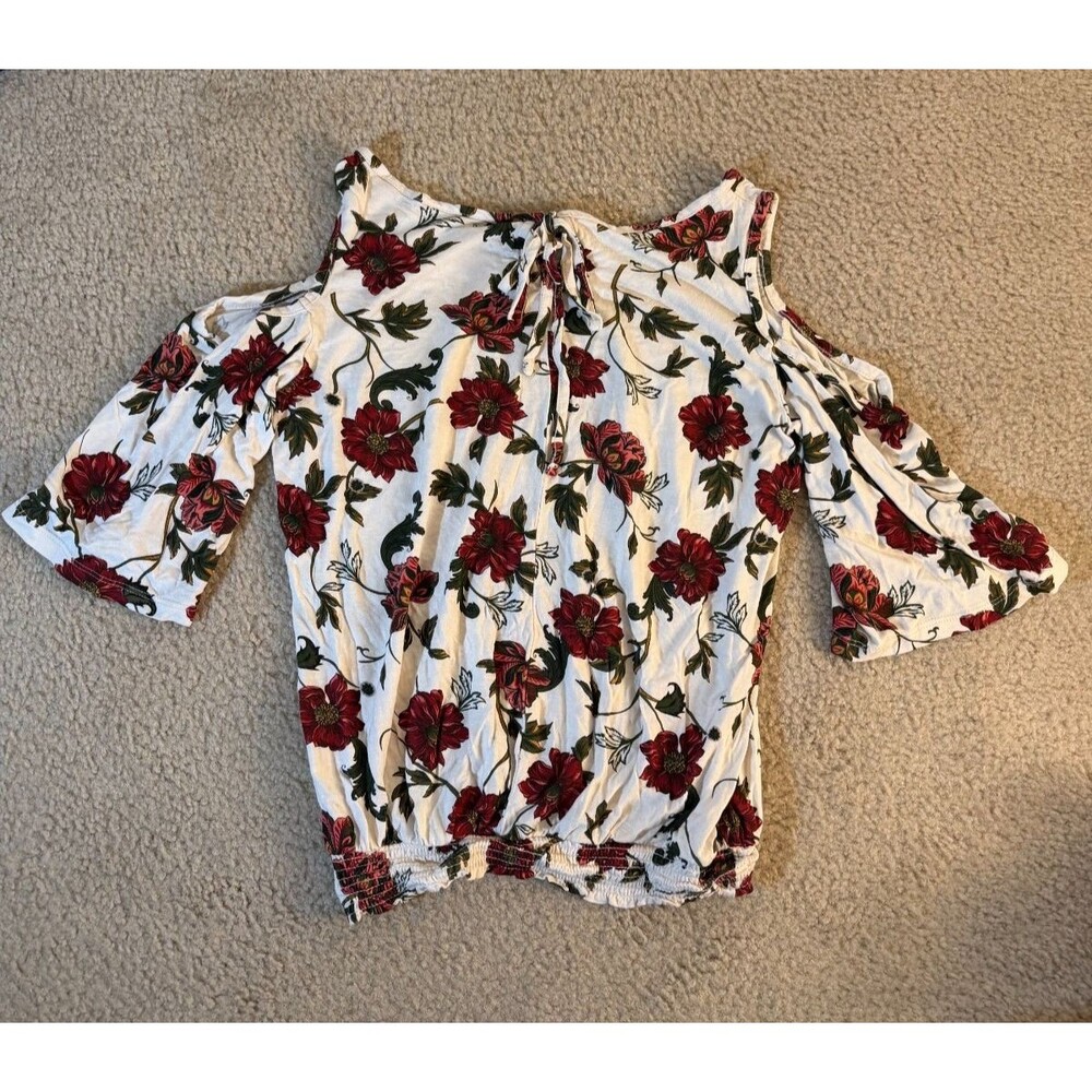 Red Pink Carnation Floral Cold Shoulder Ruffle Smocked Blouse Top S/M